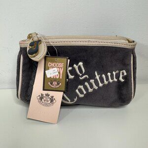 New JUICY COUTURE Velour Clutch Bag Pouch Gray Embroidered Makeup Cosmetics Bag